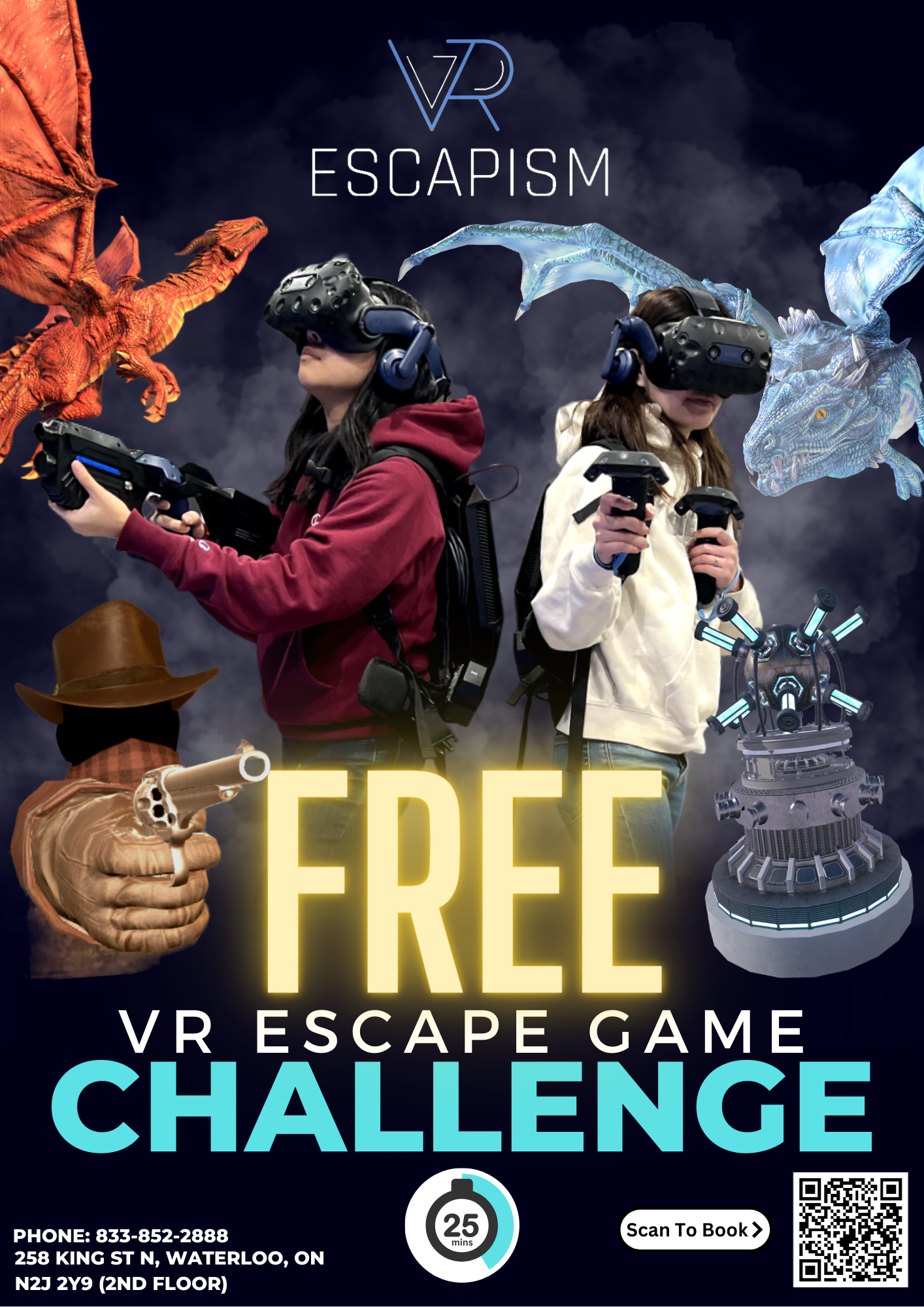 VR ESCAPE ROOM 25 minutes challenge with the use of max 2 hints. waterloo escape arcade room, group to 6 players